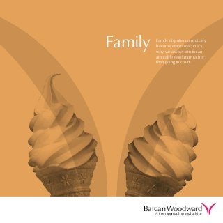 Family   Family disputes can quickly
         become emotional; that’s
         why we always aim for an
         amicable resolution rather
         than going to court.




     Barcan Woodward
         A fresh approach to legal advice
 