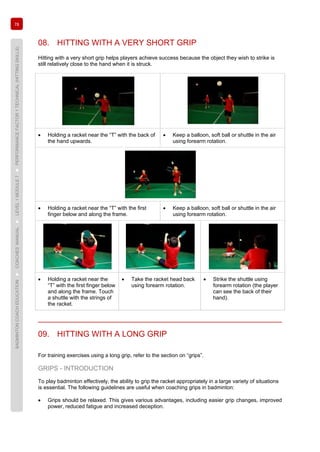 78
BADMINTONCOACHEDUCATION►COACHES’MANUAL►LEVEL1MODULE7►PERFORMANCEFACTOR1TECHNICAL(HITTINGSKILLS)
08. HITTING WITH A VERY SHORT GRIP
Hitting with a very short grip helps players achieve success because the object they wish to strike is
still relatively close to the hand when it is struck.
• Holding a racket near the “T” with the back of
the hand upwards.
• Keep a balloon, soft ball or shuttle in the air
using forearm rotation.
• Holding a racket near the “T” with the first
finger below and along the frame.
• Keep a balloon, soft ball or shuttle in the air
using forearm rotation.
• Holding a racket near the
“T” with the first finger below
and along the frame. Touch
a shuttle with the strings of
the racket.
• Take the racket head back
using forearm rotation.
• Strike the shuttle using
forearm rotation (the player
can see the back of their
hand).
09. HITTING WITH A LONG GRIP
For training exercises using a long grip, refer to the section on “grips”.
GRIPS - INTRODUCTION
To play badminton effectively, the ability to grip the racket appropriately in a large variety of situations
is essential. The following guidelines are useful when coaching grips in badminton:
• Grips should be relaxed. This gives various advantages, including easier grip changes, improved
power, reduced fatigue and increased deception.
 