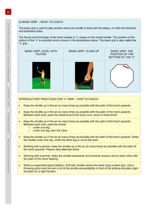 80
BADMINTONCOACHEDUCATION►COACHES’MANUAL►LEVEL1MODULE7►PERFORMANCEFACTOR1TECHNICAL(HITTINGSKILLS)
A) BASIC GRIP - WHAT TO COACH
The basic grip is used to play strokes where the shuttle is level with the player, on both the forehand
and backhand sides.
The thumb and first finger of the hand creates a “v” shape on the racket handle. The position of the
bottom of the “v” is important and is shown in the illustrations below. The basic grip is also called the
“v” grip.
BASIC GRIP: LEVEL WITH
PLAYER
BASIC GRIP: CLOSE UP BASIC GRIP: THE
POSITION OF THE
BOTTOM OF THE “V”
INTRODUCTORY PRACTICES FOR “V” GRIP – HOW TO COACH.
• Keep the shuttle up in the air as many times as possible with the palm of the hand upwards.
• Keep the shuttle up in the air as many times as possible with the palm of the hand upwards.
Between each shot, pass the racket around the body once, twice or three times!
• Keep the shuttle up in the air as many times as possible with the palm of the hand upwards.
Between each shot, pass the racket:
o under one leg;
o under one leg, then the other.
• Keep the shuttle up in the air as many times as possible with the palm of the hand upwards. Strike
the shuttle under one leg, under the other leg or round the back.
• Working with a partner, keep the shuttle up in the air as many times as possible with the palm of
the hand upwards. Players take alternate shots.
• Working with a partner, strike the shuttle backwards and forwards across a line to each other with
the palm of the hand ‘leading’.
• Strike a suspended object (balloon, fluff ball, shuttle) above the head using a basic grip. Use a
throwing action and the aim is to hit the shuttle above/slightly in front of the striking shoulder (right
shoulder for a right hander).
 