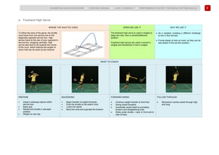94
BADMINTON COACH EDUCATION ► COACHES’ MANUAL ► LEVEL 1 MODULE 7 ► PERFORMANCE FACTOR 1 TECHNICAL (HITTING SKILLS)
e. Forehand High Serve
WHERE THE SHUTTLE GOES WHEN WE USE IT WHY WE USE IT
To follow the laws of the game, the shuttle
must travel from one service box to the
diagonally opposite service box. High
serves travel to the rear of your opponent’s
service box, dropping vertically. High
serves also tend to be towards the centre
of the court, which restricts the angles of
return that can be stuck by the receiver.
The forehand high serve is used in singles to
begin the rally, from a neutral/defensive
position.
Forehand high serves are used in women’s
singles and sometimes in men’s singles.
• As a variation (creating a different challenge
to low or flick serves).
• Forces player to look up more, so they can be
less aware of the servers position.
WHAT TO COACH
PREPARE
• Adopt a sideways stance within
service box.
• Basic grip.
• Racket and shuttle in elevated
position.
• Weight on rear leg.
BACKSWING
• Begin transfer of weight forwards.
• Drop the shuttle to the side/in front.
• Lower the racket.
• Bend the wrist and supinate the forearm.
FORWARD SWING
• Continue weight transfer to front foot.
• Swing racket forwards.
• Accelerate racket head by pronating
forearm and straightening wrist.
• Strike under shuttle – hard, in front and to
side of body.
FOLLOW THROUGH
• Momentum carries racket through high
and long.
 