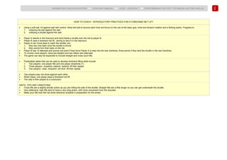 104
BADMINTON COACH EDUCATION ► COACHES’ MANUAL ► LEVEL 1 MODULE 7 ► PERFORMANCE FACTOR 1 TECHNICAL (HITTING SKILLS)
HOW TO COACH - INTRODUCTORY PRACTICES FOR A FOREHAND NET LIFT
• Using a soft ball, hit against wall with control. Allow the ball to bounce each time and focus on the use of the basic grip, wrist and forearm rotation and a flicking action. Progress to:
1. volleying the ball against the wall.
2. volleying a shuttle against the wall.
• Player A stands in the forecourt and hand feeds a shuttle over the net to player B.
• Player B uses a forehand net lift , aiming to land it in the rearcourt.
• Player A can move back to catch the shuttle, but:
1. they can only back once the shuttle is struck;
2. they cannot turn their back on the net,
• Player B has 10 attempts and scores one point if they force Player A to step into the rear tramlines, three points if they land the shuttle in the rear tramlines.
• To involve more players, have two feeders and two hitters who alternate.
• The game can also be expanded to include straight and cross-court lifts.
• Predictable rallies that can be used to develop forehand lifting skills include:
1. Two players- one player lifts and one player dropshots (1).
2. Three players– dropshot, netshot, netshot, lift then repeat.
3. Two players– clear, dropshot, net shot, lift then repeat.
• Two players play net shots against each other.
• When ready, one player plays a forehand net lift.
• The rally is then played to a conclusion.
HINTS, TIPS AND VARIATIONS
• Cross lifts are a slightly shorter action as you are hitting the side of the shuttle. Straight lifts are a little longer so you can get underneath the shuttle.
• Very defensive, high lifts tend to have a very long action, with more movement from the shoulder.
• Make your lifts look like net shots wherever possible in preparation for the stroke.
 
