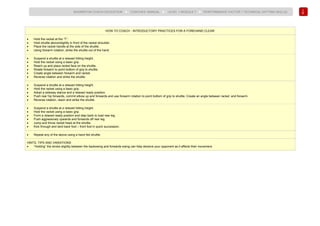 118
BADMINTON COACH EDUCATION ► COACHES’ MANUAL ► LEVEL 1 MODULE 7 ► PERFORMANCE FACTOR 1 TECHNICAL (HITTING SKILLS)
HOW TO COACH - INTRODUCTORY PRACTICES FOR A FOREHAND CLEAR
• Hold the racket at the “T”.
• Hold shuttle above/slightly in front of the racket shoulder.
• Place the racket handle at the side of the shuttle.
• Using forearm rotation, strike the shuttle out of the hand.
• Suspend a shuttle at a relaxed hitting height.
• Hold the racket using a basic grip.
• Reach up and place racket face on the shuttle.
• Rotate forearm to point bottom of grip to shuttle.
• Create angle between forearm and racket.
• Reverse rotation and strike the shuttle.
• Suspend a shuttle at a relaxed hitting height.
• Hold the racket using a basic grip.
• Adopt a sideway stance and a relaxed ready position.
• Push rear hip forwards, commit elbow up and forwards and use forearm rotation to point bottom of grip to shuttle. Create an angle between racket and forearm.
• Reverse rotation, reach and strike the shuttle.
• Suspend a shuttle at a relaxed hitting height.
• Hold the racket using a basic grip.
• Form a relaxed ready position and step back to load rear leg.
• Push aggressively upwards and forwards off rear leg.
• Jump and throw racket head at the shuttle.
• Kick through and land back foot – front foot in quick succession.
• Repeat any of the above using a hand fed shuttle.
HINTS, TIPS AND VARIATIONS
• “Holding” the stroke slightly between the backswing and forwards swing can help deceive your opponent as it affects their movement.
 