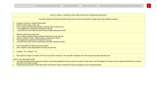 122
BADMINTON COACH EDUCATION ► COACHES’ MANUAL ► LEVEL 1 MODULE 7 ► PERFORMANCE FACTOR 1 TECHNICAL (HITTING SKILLS)
HOW TO COACH - INTRODUCTORY PRACTICES FOR A FOREHAND DROPSHOT
The basic practices for forehand overhead hitting actions will all be of benefit to a player performing a forehand dropshot.
• Suspend a shuttle at a relaxed hitting height.
• Hold the racket using a basic grip.
• Form a relaxed overhead ready position and step back to load rear leg.
• Push aggressively upwards and forwards off rear leg.
• Jump and throw, then slow the racket head just before striking the shuttle.
• Hold the racket using a basic grip.
• Form a relaxed overhead ready position and step back to load rear leg.
• Using an underarm action, a feeder places a shuttle high in the air.
• Push aggressively upwards and forwards off rear leg.
• Jump and throw, then slow the racket head just before striking the shuttle.
• Use a racket feed and repeat the above practice.
• Add in targets to encourage steeper and more accurate hits.
• Dropshot – lift – dropshot – lift.
• Play a game of singles or doubles. If the rally is won with a dropshot, or the shot after a dropshot, then three points are scored rather than one.
HINTS, TIPS AND VARIATIONS
• The above example shows a deceptive dropshot, where being aggressive with your body and speed of racket head in the first stages of the stroke puts your opponent off-balance by making
them think it is a clear or smash.
• Experiment with slicing the shuttle both right to left and left to right to increase the range and deception of your overhead strokes.
 