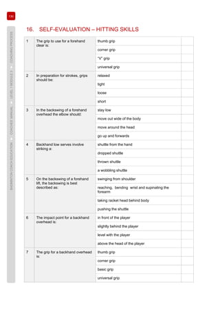 130
BADMINTONCOACHEDUCATION►COACHES’MANUAL►LEVEL1MODULE3►COACHINGPROCESS
16. SELF-EVALUATION – HITTING SKILLS
1 The grip to use for a forehand
clear is:
thumb grip
corner grip
“V” grip
universal grip
2 In preparation for strokes, grips
should be:
relaxed
tight
loose
short
3 In the backswing of a forehand
overhead the elbow should:
stay low
move out wide of the body
move around the head
go up and forwards
4 Backhand low serves involve
striking a:
shuttle from the hand
dropped shuttle
thrown shuttle
a wobbling shuttle
5 On the backswing of a forehand
lift, the backswing is best
described as:
swinging from shoulder
reaching, bending wrist and supinating the
forearm
taking racket head behind body
pushing the shuttle
6 The impact point for a backhand
overhead is:
in front of the player
slightly behind the player
level with the player
above the head of the player
7 The grip for a backhand overhead
is:
thumb grip
corner grip
basic grip
universal grip
 