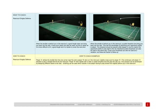 145
BADMINTON COACH EDUCATION ► COACHES’ MANUAL ► LEVEL 1 MODULE 8 ► PERFORMANCE FACTOR 2 TACTICS
WHAT TO COACH:
Rearcourt Singles Defence
When the shuttle is behind you in the rearcourt, a good length clear can bring
you back into the rally. Cross-court clears can also be used, but this is riskier as
it is more difficult to hit a good length and it is harder to cover the next shot.
When the shuttle is behind you in the rearcourt, a pulled dropshot can bring you
back into the rally. This has the advantage of restricting your opponent's ability
to attack. The dropshot should be placed a little deeper in court to restrict the
opponent's ability to play tight to the net. Backhand pulled dropshots can also
be used in the same way. Cross court dropshots can also be used as a
variation, but these are harder to follow up.
HOW TO COACH:
Rearcourt Singles Defence
HOW TO COACH EXAMPLES
Player ‘A’ strikes the shuttle from the one corner near the net to player ‘B’ who is in the mid-court, slightly cross-court to player ‘B’. This continues until player ‘A’
decides to play a straight flat lift into the rearcourt. Player ‘B’ then replies with a clear or pulled dropshot and the play the rally out. This practice can be developed
by designing different starts to the rally – anything can be used which results in one player having to play stroke from slightly behind you in the rearcourt.
 