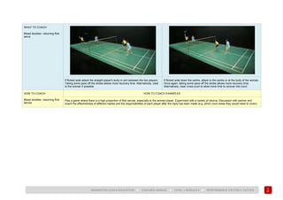 175
BADMINTON COACH EDUCATION ► COACHES’ MANUAL ► LEVEL 1 MODULE 8 ► PERFORMANCE FACTOR 2 TACTICS
WHAT TO COACH
Mixed doubles –returning flick
serve
If flicked wide attack the straight player's body or aim between the two players.
Taking some pace off the stroke allows more recovery time. Alternatively, clear
to the woman if possible.
If flicked wide down the centre, attack to the centre or at the body of the woman.
Once again, taking some pace off the stroke allows more recovery time.
Alternatively, clear cross-court to allow more time to recover into court.
HOW TO COACH
Mixed doubles –returning flcik
serves
HOW TO COACH EXAMPLES
Play a game where there is a high proportion of flick serves, especially to the woman player. Experiment with a variety of returns. Discussion with partner and
coach the effectiveness of different replies and the responsibilities of each player after the reply has been made (e.g. which court areas they would need to cover).
 