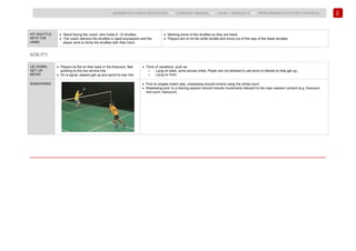 192
BADMINTON COACH EDUCATION ► COACHES’ MANUAL ► LEVEL 1 MODULE 9 ► PERFORMANCE FACTOR 3 PHYSICAL
HIT SHUTTLE
WITH THE
HAND
• Stand facing the coach, who holds 8 -12 shuttles.
• The coach delivers the shuttles in rapid succession and the
player aims to strike the shuttles with their hand.
• Marking some of the shuttles so they are black.
• Players aim to hit the white shuttle and move out of the way of the black shuttles.
AGILITY
LIE DOWN,
GET UP,
MOVE!
• Players lie flat on their back in the forecourt, feet
pointing to the low service line.
• On a signal, players get up and sprint to rear line.
• Think of variations, such as:
o Lying on back, arms across chest. Player are not allowed to use arms or elbows to help get up;
o Lying on front.
SHADOWING • Prior to singles match play, shadowing should involve using the whole court.
• Shadowing prior to a training session should include movements relevant to the main session content (e.g. forecourt,
mid-court, rearcourt).
 