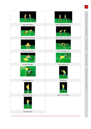 195
BADMINTONCOACHEDUCATION►COACHES’MANUAL►LEVEL1MODULE9►PERFORMANCEFACTOR3PHYSICAL
Lower Calf (Soleus) Upper Calf (Gastrocnemius)
Front of thigh (Quadriceps) Rear of thigh (Hamstrings)
Groin (Short Adductors) Groin (Long Adductors)
Buttocks (Gluteals) Trunk rotations (1)
Trunk Rotations (2) Side Bends
Chest (Pectorals) Back of arm (triceps)
Shoulder stretch
 