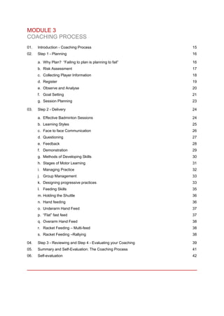 MODULE 3
COACHING PROCESS
01. Introduction - Coaching Process 15
02. Step 1 - Planning 16
a. Why Plan? “Failing to plan is planning to fail” 16
b. Risk Assessment 17
c. Collecting Player Information 18
d. Register 19
e. Observe and Analyse 20
f. Goal Setting 21
g. Session Planning 23
03. Step 2 - Delivery 24
a. Effective Badminton Sessions 24
b. Learning Styles 25
c. Face to face Communication 26
d. Questioning 27
e. Feedback 28
f. Demonstration 29
g. Methods of Developing Skills 30
h. Stages of Motor Learning 31
i. Managing Practice 32
j. Group Management 33
k. Designing progressive practices 33
l. Feeding Skills 35
m. Holding the Shuttle 36
n. Hand feeding 36
o. Underarm Hand Feed 37
p. “Flat” fast feed 37
q. Overarm Hand Feed 38
r. Racket Feeding – Multi-feed 38
s. Racket Feeding –Rallying 38
04. Step 3 - Reviewing and Step 4 - Evaluating your Coaching 39
05. Summary and Self-Evaluation: The Coaching Process 41
06. Self-evaluation 42
 