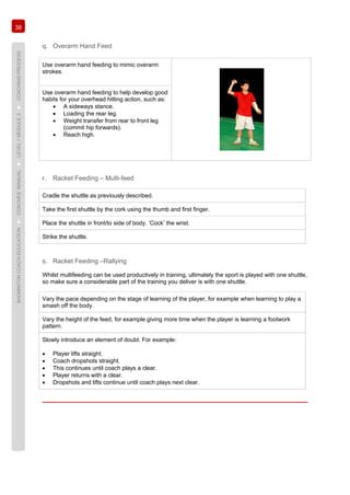 38
BADMINTONCOACHEDUCATION►COACHES’MANUAL►LEVEL1MODULE3►COACHINGPROCESS
q. Overarm Hand Feed
Use overarm hand feeding to mimic overarm
strokes.
Use overarm hand feeding to help develop good
habits for your overhead hitting action, such as:
• A sideways stance.
• Loading the rear leg.
• Weight transfer from rear to front leg
(commit hip forwards).
• Reach high.
r. Racket Feeding – Multi-feed
Cradle the shuttle as previously described.
Take the first shuttle by the cork using the thumb and first finger.
Place the shuttle in front/to side of body. ‘Cock’ the wrist.
Strike the shuttle.
s. Racket Feeding –Rallying
Whilst multifeeding can be used productively in training, ultimately the sport is played with one shuttle,
so make sure a considerable part of the training you deliver is with one shuttle.
Vary the pace depending on the stage of learning of the player, for example when learning to play a
smash off the body.
Vary the height of the feed, for example giving more time when the player is learning a footwork
pattern.
Slowly introduce an element of doubt. For example:
• Player lifts straight.
• Coach dropshots straight.
• This continues until coach plays a clear.
• Player returns with a clear.
• Dropshots and lifts continue until coach plays next clear.
 