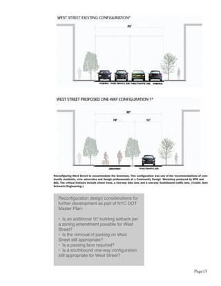 Reconfiguring West Street to accommodate the Greenway. This configuration was one of the recommendations of com-
munity residents, civic advocates and design professionals at a Community Design Workshop produced by RPA and
BGI. The critical features include street trees, a two-way bike lane and a one-way Southbound traffic lane. (Credit: Sam
Schwartz Engineering.)



   Reconfiguration design considerations for
   further development as part of NYC DOT
   Master Plan:

   • Is an additional 10’ building setback per
   a zoning amendment possible for West
   Street?
   • Is the removal of parking on West
   Street still appropriate?
   • Is a passing lane required?
   • Is a southbound one-way configuration
   still appropriate for West Street?


                                                                                                             Page13
 