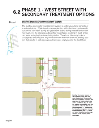 PHASE 1 - WEST STREET WITH
         6.2 SECONDARY TREATMENT OPTIONS
            EXISTING STORMWATER MANAGEMENT SYSTEM

            The existing stormwater management system is underground and consists of
            a series of pipes. While the stormwater planters will collect and retain nearly
            70% of the rain water during a 5-year storm event, during heavier rains water
            may rush over the planters and overflow much faster resulting in much of the
            rain water emptying into the existing drains. Therefore, this study looks at
            concepts for ensuring that any overflow water does not enter the existing sys-
            tem that results in both sewage and rainwater emptying into the East River.




                                       F




                                               A

                                           B
                                                   B
                                   E

                                       D       C

                                                                        Existing Stormwater System: A:
                                                                        The combined sewer that runs
                                                                        down the center of the street; B:
                                                                        The pipes that takes rainwater that
                                                                        flows into the catch drains to the
                                                                        center catch basin (C). D: Takes
                                                                        the sewage and rainwater from the
                                                                        catch basin and sends it to the in-
                                                                        terceptor sewer. E: The Intercep-
                                                                        tor takes the sewage and rainwater
                                                                        to the treatment plant. F: These
                                                                        are lateral pipes that send sewage
                                                                        and roof run-off into the center
                                                                        sewer pipe.



Page30
 