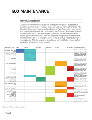 8.0 MAINTENANCE
                                   MAINTENANCE OVERVIEW

                                   An extensive maintenance business and operations plan is needed to en-
                                   sure the commitments by multiple public, private and non-profit entities. The
                                   Brooklyn Greenway Initiative and the Regional Plan Association have begun
                                   this investigation through the publication of the Brooklyn Greenway Steward-
                                   ship Plan (Winter, 2008). For the purpose of this sustainable stormwater
                                   study, specific maintenance tasks are identified along with their associated
                                   time commitments. For example, debris removal should be conducted on a
                                   weekly basis. This list serves as a guide and will need to be refined as the
                                   design for West Street is progressed.

  MAINTENANCE ITEM        DAILY                WEEKLY                       MONTHLY                   QUARTERLY   YEARLY                   AS NEEDED      RESPONSIBLE PARTIES

                                                                                                                                                          BGI and/or other local Non-
  WATERING - FIRST TWO     During Hot Spells                                                                                                              Profit Stewardship entity,
                 YEARS
                                                                                                                                                          under contract with DPR.
                                                                                                                                                          BGI and/or other local Non-
  WATERING - AFTER THE                            Only during the hottest
                                                                                                                                                          Profit Stewardship entity,
      FIRST TWO YEARS                                               days
                                                                                                                                                          under contract with DPR.

                                                 During the Summer and                                                                                    BGI and/or other local Non-
              WEEDING
                                                                   Fall                                                                                   Profit Stewardship entity,
                                                                                                                                                          under contract with DPR.


     SOIL REPLACEMENT                                                                                                                                     BGI and/or other local Non-
                                                                                                                                                          Profit Stewardship entity,
                                                                                                                                                          under contract with DPR.
                                                                                                                                           Trees and
          PRUNING AND                                                                                                                      plants adjacent BGI and/or other local Non-
             TRIMMING                                                                                                                      to street and   Profit Stewardship entity,
                                                                                                                                           bike lanes      under contract with DPR.
                                                                                                                                                          BGI and/or other local Non-
         PEST CONTROL                                                                                                                                     Profit Stewardship entity,
                                                                                                                                                          with DPR training.
                                                                                                                                                          BGI and/or other local Non-
       DEBRIS REMOVAL
                                                                                                                                                          Profit Stewardship entity.
    SEDIMENT AND SALT
   REMOVAL - AT INFLOW                                                      More often if there are                                        Salt removal   BGI and/or other local Non-
         AND OUTFLOW                                                                 storm events                                          after snow     Profit Stewardship entity.
          MECHANISMS                                                                                                                       events         Under contract with DPR.

   FALL / WINTER CLEAN-                                                                                                                                   BGI and/or other local Non-
                     UP                                                                                           Adding mulch, removing                  Profit Stewardship entity,
                                                                                                                  annuals, weeding                        under contract with DPR

   PLANT REPLACEMENT
                                                                                                                                                          DPR
       CONTAMINATION
     TESTING - SOIL AND                                                                                                                                   University or local Non-Profit
                PLANTS                                                                                                                                    with DEP and DPR oversight.
              PERIODIC
      REPLACEMENT OF
            CONCRETE                                                                                                                                      DOT and/or DEP to be
          STRUCTURES                                                                                                                                      resolved

         MAINTENANCE                                                                                                                                      Local Non-Profit with
          MONITORING                                                                                                                                      Stormwater Task Force input
                                                                                                                                                          and DEP and DPR oversight.




Stormwater Planters maintenance tasks.




   Page42
 