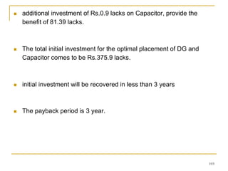  additional investment of Rs.0.9 lacks on Capacitor, provide the
benefit of 81.39 lacks.
 The total initial investment for the optimal placement of DG and
Capacitor comes to be Rs.375.9 lacks.
 initial investment will be recovered in less than 3 years
 The payback period is 3 year.
103
 