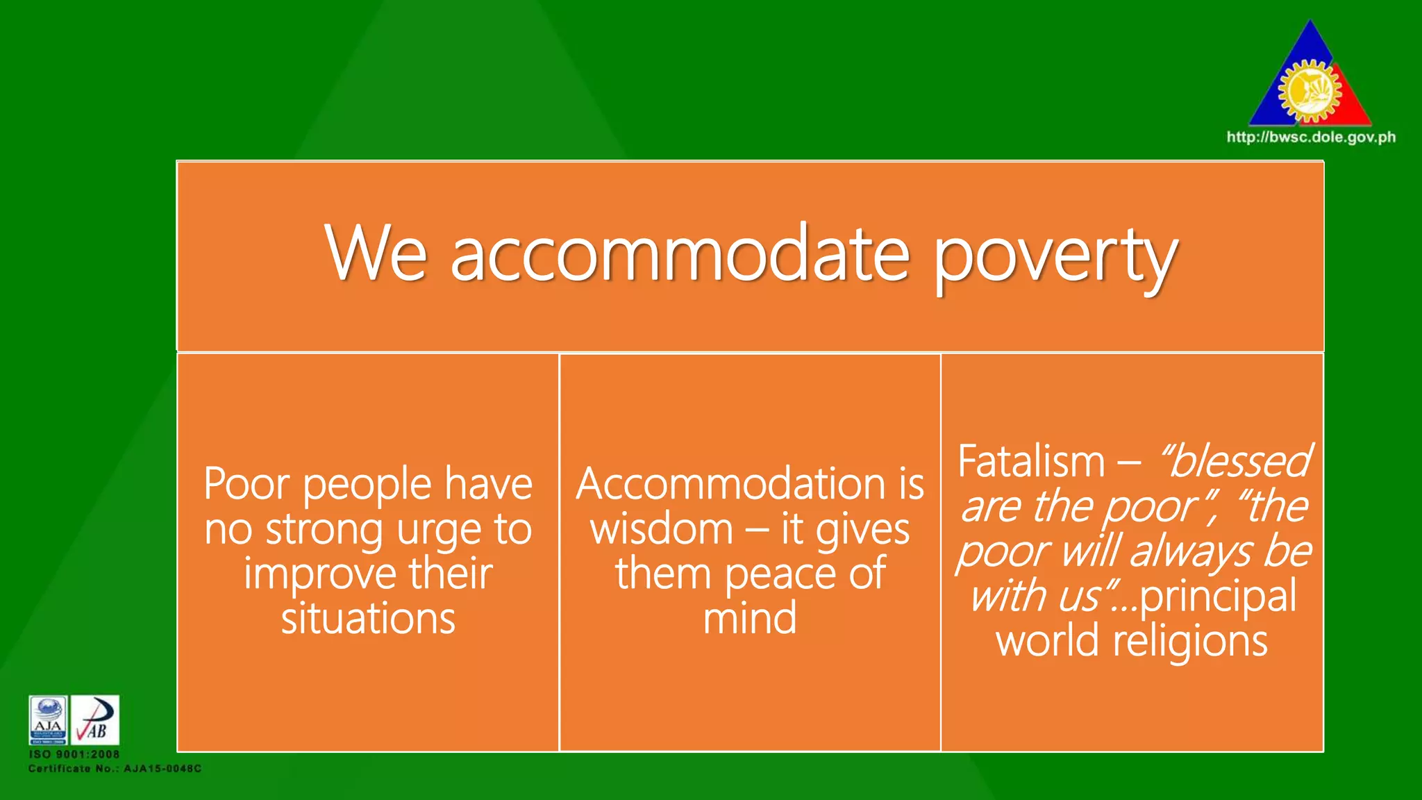 We accommodate poverty
Poor people have
no strong urge to
improve their
situations
Accommodation is
wisdom – it gives
them peace of
mind
Fatalism – “blessed
are the poor”, “the
poor will always be
with us”…principal
world religions
 