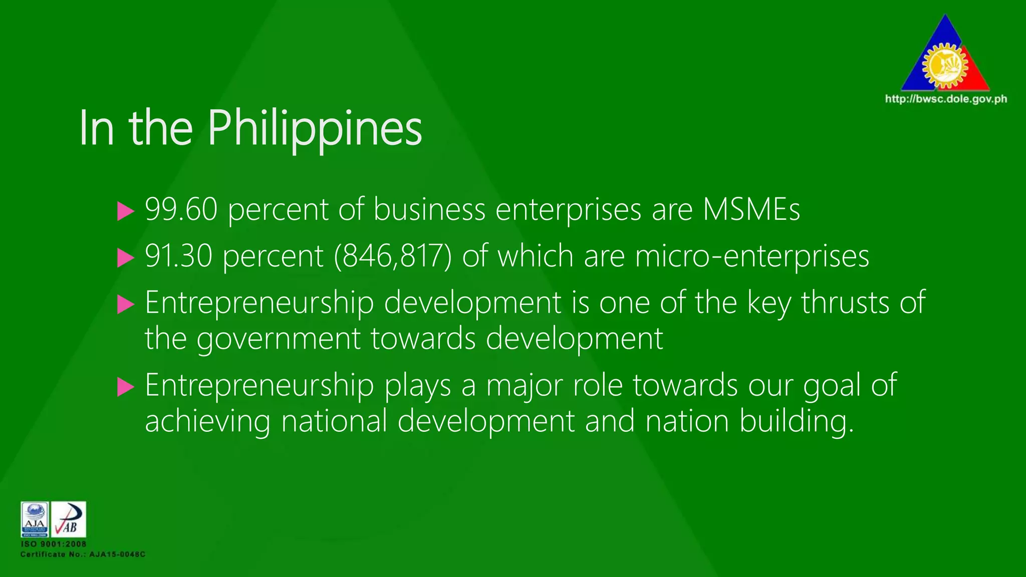 In the Philippines
 99.60 percent of business enterprises are MSMEs
 91.30 percent (846,817) of which are micro-enterprises
 Entrepreneurship development is one of the key thrusts of
the government towards development
 Entrepreneurship plays a major role towards our goal of
achieving national development and nation building.
 