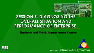 SESSION 9:SESSION 9: DIAGNOSING THEDIAGNOSING THE
OVERALL SITUATION ANDOVERALL SITUATION AND
PERFORMANCE OF ENTERPRISEPERFORMANCE OF ENTERPRISE
Business and WorkImprovement Course
 