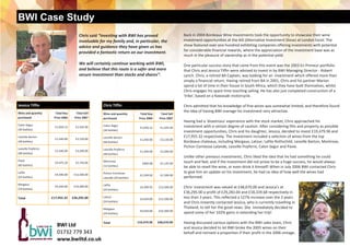 BWI Case Study
Back in 2004 Bordeaux Wine Investments took the opportunity to showcase their wine   
investment opportunities at the AIS (Alternative Investment Show) at London Excel. The 
show featured over one hundred exhibiting companies offering investments with potential 
for considerable financial rewards, where the appreciation of the investment base was as 
much in the pleasure of ownership as in the potential yield.  
 
One particular success story that came from this event was the 2003 En Primeur portfolio 
that Chris and Jessica Tiffin were advised to invest in by BWI Managing Director ‐ Robert 
Lench. Chris, a retired BA Captain, was looking for an  investment which offered more than 
simply a financial return. Having retired from BA in 2001, Chris and his partner Marion 
spend a lot of time in their house in South Africa, which they have built themselves, whilst 
Chris engages his spare time teaching sailing. He has also just completed construction of a 
'trike', based on a Kawasaki motorcycle.  
 
Chris admitted that his knowledge of fine wines was somewhat limited, and therefore found 
the idea of having BWI manage his investment very attractive.  
 
Having had a 'disastrous' experience with the stock market, Chris approached his             
investment with a certain degree of caution. After considering film and property as possible 
investment opportunities, Chris and his daughter, Jessica, decided to invest £19,479.96 and 
£17,955.32 respectively. The investment included a selection of wines from the top         
Bordeaux chateaux, including Margaux, Latour, Lafite Rothschild, Leoville Barton, Montrose, 
Pichon Comtesse Lalande, Leoville Poyferre, Calon Segur and Pavie.  
 
Unlike other previous investments, Chris liked the idea that he had something he could 
touch and feel, and if the investment did not prove to be a huge success, he would always 
be able to resell the wine, or even drink it himself! When in July 2006 BWI contacted Chris 
to give him an update on his investment, he had no idea of how well the wines had          
performed.  
 
Chris' investment was valued at £48,670.00 and Jessica's at 
£36,295.00 a profit of £29,283.04 and £18,339.68 respectively in 
less than 3 years. This reflected a 127% increase over the 3 years 
and Chris instantly contacted Jessica, who is currently travelling in 
Thailand, to tell her the good news. She  immediately decided to 
spend some of her 102% gains in extending her trip!  
 
Having discussed various options with the BWI sales team, Chris 
and Jessica decided to let BWI broke the 2003 wines on their   
behalf and reinvest a proportion if their profit in the 2006 vintage.  
Chris said “investing with BWI has proved         
invaluable for my family and, in particular, the 
advice and guidance they have given us has     
provided a fantastic return on our investment.  
 
We will certainly continue working with BWI,   
and believe that this route is a safer and more 
secure investment than stocks and shares”. 
BWI Ltd  
01732 779 343 
www.bwiltd.co.uk 
Jessica Tiffin  
Wine and quantity 
purchased  
Total Buy  
Price 2004  
Total Sell  
Price 2007  
Calon Segur  
(36 bottles)  
£1,050.12   £1,425.00  
Leoville Barton  
(48 bottles)  
£1,440.00   £3,120.00  
Leoville Poyferre  
(48 bottles)  
£1,440.00   £3,200.00  
Pavie  
(60 bottles)  
£4,975.20   £5,750.00  
Lafite  
(24 bottles)  
£4,440.00   £12,500.00  
Margaux  
(24 bottles)  
£4,650.00   £10,300.00  
Total   £17,955.32   £36,295.00 
Chris Tiffin  
Wine and quantity 
purchased  
Total Buy  
Price 2004  
Total Sell  
Price 2007  
Calon Segur  
(36 bottles)  
£1,050.12   £1,425.00  
Leoville Barton  
(48 bottles)  
£1,440.00   £3,120.00  
Leoville Poyferre  
(48 bottles)  
£1,440.00   £3,200.00  
Montrose  
(12 bottles)  
£600.00   £1,125.00  
Pichon Comtesse 
Lalande (24 bottles)  
£1,249.92   £1,500.00  
Lafite  
(24 bottles)  
£4,399.92   £12,500.00  
Latour  
(24 bottles)  
£4,650.00   £15,500.00  
Margaux  
(24 bottles)  
£4,650.00   £10,300.00  
Total   £19,479.96   £48,670.00  
 