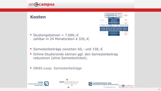 Kosten
19
 Studiengebühren = 7.690,-€
zahlbar in 24 Monatsraten à 320,-€.
 Semesterbeiträge zwischen 60,- und 158,-€
 Online-Studierende können ggf. den Semesterbeitrag
reduzieren (ohne Semesterticket).
 OBWI-Loop: Semesterbeiträge
 