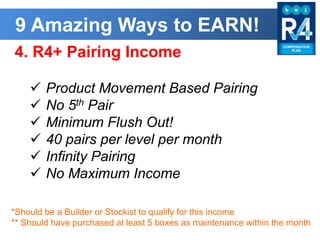 9 Amazing Ways to EARN!
4. R4+ Pairing Income
 Product Movement Based Pairing
 No 5th Pair
 Minimum Flush Out!
 40 pairs per level per month
 Infinity Pairing
 No Maximum Income
*Should be a Builder or Stockist to qualify for this income
** Should have purchased at least 5 boxes as maintenance within the month
 