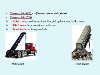 • Commercial (SCS) - self loaders (rear, side, front)
• Commercial (HCS)
 Hoist truck; small operations, few pickup locations, bulky items
 Tilt frame - large containers, wide use
 Trash trailers - heavy rubbish
Hoist Truck Trash Trailer
 