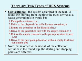 There are Two Types of HCS Systems
• Conventional - the system described in the text. A
round trip starting from the time the truck arrives at a
waste generation site would be:
1.Pickup the container, pc
2.Drive to the disposal site with the used container, h
3.Empty the container at the disposal site, s
4.Drive to the generation site with the empty container, h
5.Return the empty container to the pickup location in step
1, uc
6.Drive to the next pickup location with an empty truck (no
container), dbc
• Note that in order to include all of the collection
activities in the round trip, the starting and stopping
points are different.
 