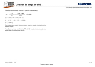 ©
Scania CV AB 2010, Sweden
Cálculos de carga do eixo
Informações gerais sobre cálculos de carga do eixo
04:20-01 Edição 1 pt-BR 11 (19)
O seguinte cálculo pode ser feito com o princípio de alavancagem:
NR = 3.550 kg sob a condição de que:
NF = N - NR = 2.500 - 3.550 = -1.050 kg
NF = - 1.050 kg
Observe que o peso no eixo dianteiro torna-se negativo, ou seja, o peso sobre o eixo
dianteiro diminui.
Para cálculos quanto ao veículo inteiro, NF e NR são inseridos nos centros relevantes
de gravidade na continuação do cálculo.
NR =
N · C
=
2 500 · 7 400
= 3.550 kg
AT 5 212
 
