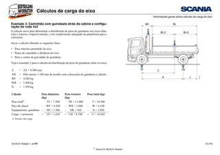 ©
Scania CV AB 2010, Sweden
Cálculos de carga do eixo
Informações gerais sobre cálculos de carga do eixo
04:20-01 Edição 1 pt-BR 12 (19)
Exemplo 3: Caminhão com guindaste atrás da cabina e configu-
ração de roda 4x2
O cálculo serve para determinar a distribuição do peso do guindaste nos eixos dian-
teiro e traseiro, respectivamente, e um comprimento adequado da plataforma para a
carroceria.
Inicie o cálculo obtendo os seguintes fatos:
• Peso máximo permitido do eixo
• Pesos do caminhão e distância do eixo
• Peso e centro de gravidade do guindaste
Veja o exemplo 2 para o cálculo da distribuição do peso do guindaste sobre os eixos.
A = AT = 4.300 mm
AB = Pelo menos 1.100 mm de acordo com a descrição do guindaste e cálculo
WF = 4.260 kg
WR = 1.848 kg
N = 1.950 kg
Cálculo Peso dianteiro
(kg)
Peso traseiro
(kg)
Peso total (kg)
Peso totala
a. Veículo com carga
TF = 7.500 TR = 11.000 T = 18.500
Peso do chassi - WF = 4.260 - WR = 1.848 - W = 6.108
Equipamento, guindaste - NF = 1.586 - NR = 364 - N = 1.950
Carga + carroceria = UF = 1.654 = UR = 8.788 = U = 10.442
BL
AB
U
N
C TR
A
TF
J
BL/2 BL/2
317
007
 