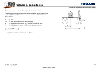 ©
Scania CV AB 2010, Sweden
Cálculos de carga do eixo
Informações gerais sobre cálculos de carga do eixo
04:20-01 Edição 1 pt-BR 5 (19)
A carga para a pessoa varia em relação à posição da carga no carrinho.
Quando o sistema não está em movimento, a soma de todas as forças e torques é igual
a 0. Quando há um equilíbrio de torque em torno do centro da roda, é aplicável a se-
guinte equação.
U = A carga
TR = A carga (a força de reação da carga na pessoa)
C = A distância do centro da roda até o centro de gravidade da carga
A = A distância entre os apoios de chão (centro da roda e a pessoa)
U · C = TR · A
A carga (frete) · sua alavanca = a carga · sua alavanca
TR (kg)
U (kg)
C
A
317
003
 