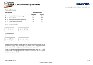 ©
Scania CV AB 2010, Sweden
Cálculos de carga do eixo
Informações gerais sobre cálculos de carga do eixo
04:20-01 Edição 1 pt-BR 7 (19)
Pesos e fórmulas
Para obter equilíbrio, o peso total da carga e da carroceria (U), multiplicado por sua
alavanca (C), deve ser igual à proporção de U, disposto sobre o centro de gravidade
do eixo traseiro (UR), multiplicado pela distância teórica do eixo (AT).
Calcule (C) para que possa, em seguida, calcular a superfície de carga (BL). O local
da superfície de carga (BL) é geralmente determinado pelo desvio (K), tendo que es-
tar o mais perto possível de 0.
Tipo de peso: Peso distribuído
Dianteira Traseira
T = Peso total do veículo com carga TF TR
W = Peso do chassi WF WR
N = Peso extra, por exemplo, guindaste NF NR
U = Carga e peso da carroceria UF UR
Use as seguintes fórmulas:
T = W + N + U C · U = AT · UR
Ou na forma escri-
ta:
C =
AT · UR
U = UF + UR
U
 