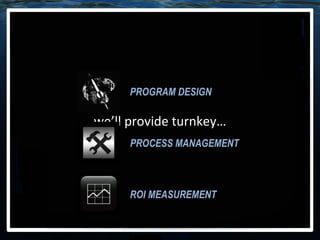 we’ll provide turnkey… PROGRAM DESIGN PROCESS MANAGEMENT ROI MEASUREMENT 