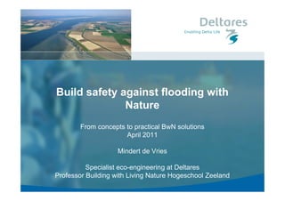 Build safety against flooding with
              Nature
        From concepts to practical BwN solutions
                      April 2011

                    Mindert de Vries

          Specialist eco-engineering at Deltares
Professor Building with Living Nature Hogeschool Zeeland
 