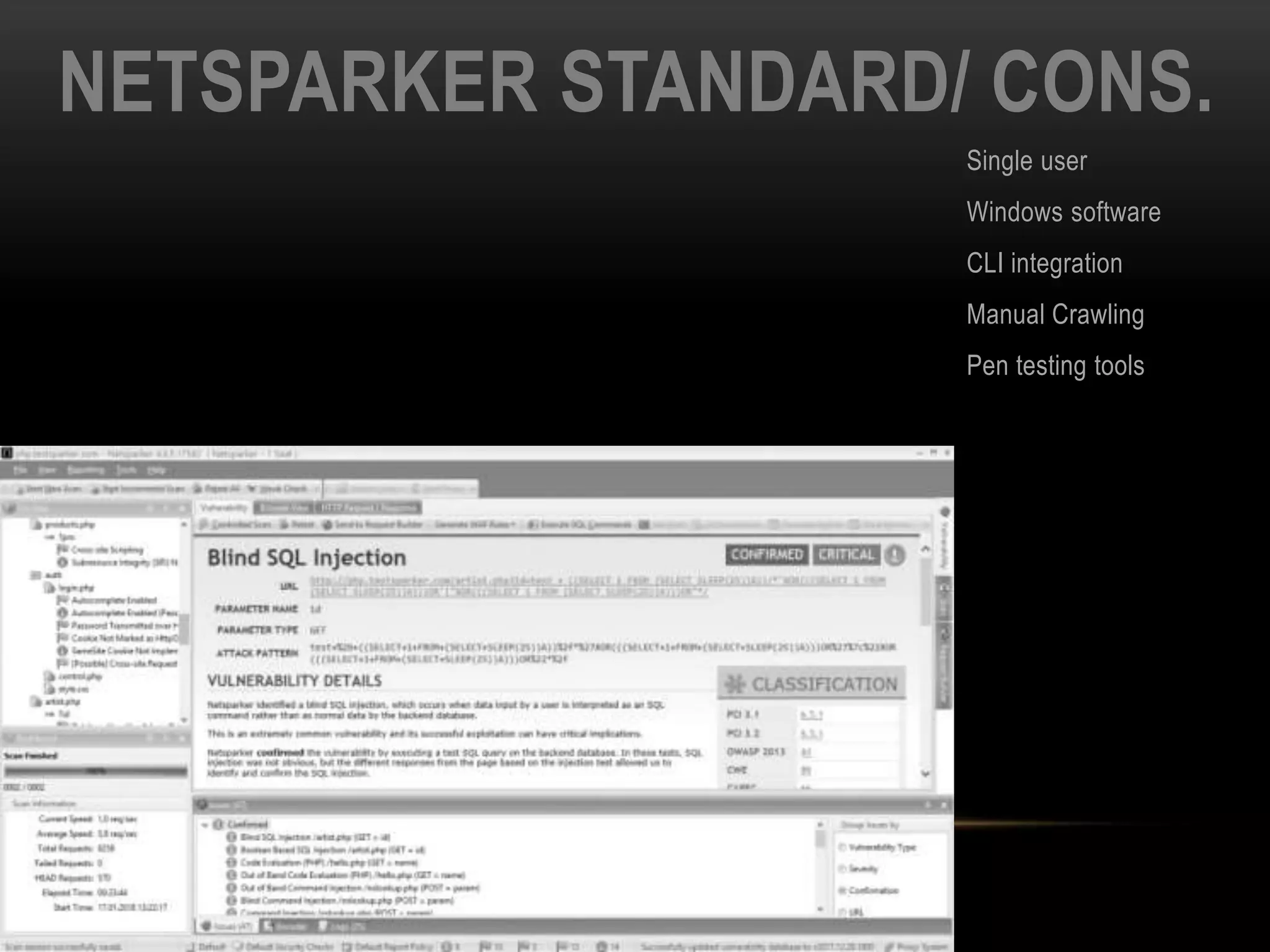 NETSPARKER STANDARD/ CONS.
Single user
Windows software
CLI integration
Manual Crawling
Pen testing tools
 