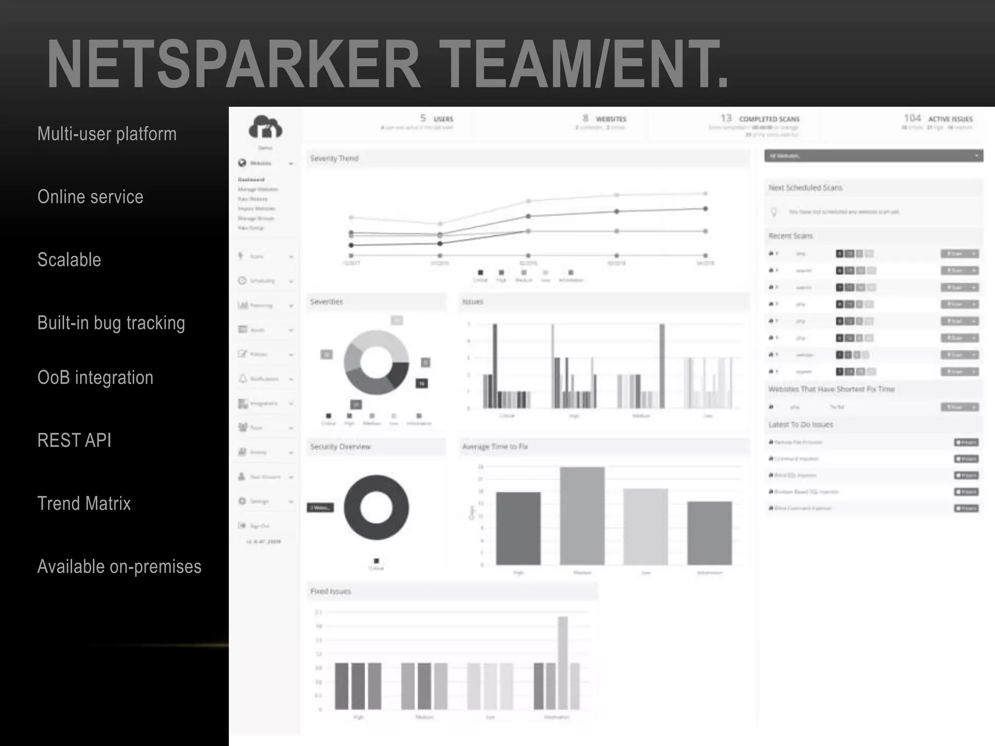 NETSPARKER TEAM/ENT.
Multi-user platform
Online service
Scalable
Built-in bug tracking
OoB integration
REST API
Trend Matrix
Available on-premises
 
