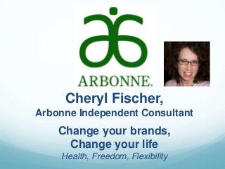 Cheryl Fischer,
Arbonne Independent Consultant
Change your brands,
Change your life
Health, Freedom, Flexibility
 
