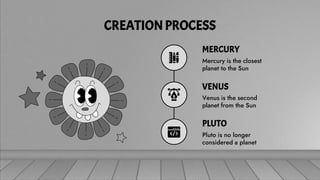 CREATIONPROCESS
VENUS
Venus is the second
planet from the Sun
MERCURY
Mercury is the closest
planet to the Sun
PLUTO
Pluto is no longer
considered a planet
 