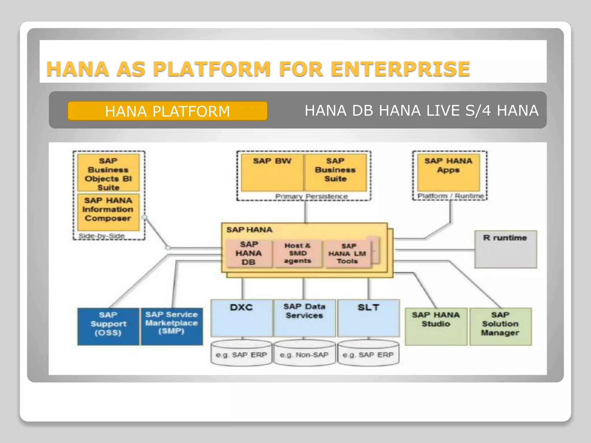 HANA AS PLATFORM FOR ENTERPRISE
HANA DB HANA LIVE S/4 HANAHANA PLATFORM
 