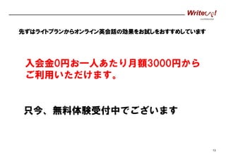 confidential

先ずはライトプランからオンライン英会話の効果をお試しをおすすめしています
ずはライトプランからオンライン英会話の効果をお試
英会話
をお

入会金0円お一人あたり月額3000円から
ご利用いただけます。

只今、無料体験受付中でございます

13

 