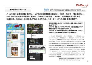 confidential
2008年、日本の成長企業テクノロジーFast50にて「３０位」を受賞（2年連続）
アジア太平洋地域「３４４位」を受賞。日頃の皆さまのおかげです。ありがとうございます！

株式会社ライトアップとは

メールマガジン企画制作数・国内No.1、ビジネスブログ構築数・国内No.1、ブロガーネットワーク数・国内No.1。
トヨタ社のブログも弊社が構築し、更新し、プロモーションを担当しております。渋谷駅前徒歩３分にある、
社員８０名、クリエイター３０００名、ブロガー３０万人の、インターネットメディア企画・開発企業です。
トヨタ様プロモーションブログ

コナミ様ウイニングイレブンPRサイト

多くの企業様の、ネット上での「売上向上施策」を総合的にお手
多くの企業様の、ネット上での「売上向上施策」を総合的にお手
伝いしています。
伝いしています。
２００７年、東京インタラクティブアドアワード銀賞を受賞。ブログ
２００７年、東京インタラクティブアドアワード銀賞を受賞。ブログ
構築部分をメインで担当させて頂きました。
構築部分をメインで担当させて頂きました。
２００８年、カンヌ国際広告祭サイバー部門銀賞受賞。システム・
２００８年、カンヌ国際広告祭サイバー部門銀賞受賞。システム・
デザイン・バズに関する部分を担当させて頂きました。
デザイン・バズに関する部分を担当させて頂きました。
ヤフー株式会社 株式会社楽天 マイクロソフト株式会社 エキサイト株式会社 株式会
社エヌ・ティ・ティレゾナント 株式会社リクルート 株式会社オールアバウト ぴあデジタ
ルコミュニケーションズ株式会社 株式会社スカイパーフェクト・コミュニケーションズ 株
式会社まぐまぐ ソニーコミュニケーションネットワーク株式会社 ソニーマーケティング株
式会社 株式会社エヌ・ティ・ティ・ドコモ 株式会社Jストリーム 株式会社テレビ朝日 株
式会社博報堂 株式会社電通ワンダーマン 株式会社電通パブリックリレーションズ 株

東京インタラクティブ・アド・アワード
2007年キャンペーン部門 銀賞受賞

式会社デジタルパレット オグルヴィ・ワン・ジャパン株式会社 株式会社アサツーディ・ケ
イ 株式会社朝日広告社 株式会社ＮＴＴアド 株式会社サイバーエージェント 株式会社
オプト 株式会社セプテーニ トランスコスモス株式会社 株式会社ライブドア ＧＭＯイン
ターネット株式会社 株式会社カレン 株式会社セガ 株式会社毎日コミュニケーションズ
科学技術振興機構 筑波大学 九州大学 株式会社日経ＢＰ 株式会社インプレス 株
式会社扶桑社 ・・・他1000社
他
社
株式会社ライトアップ 渋谷区道玄坂1-18-3 フジビル37 5F
TEL：03-5784-0700 http://www.writeup.co.jp

3

 
