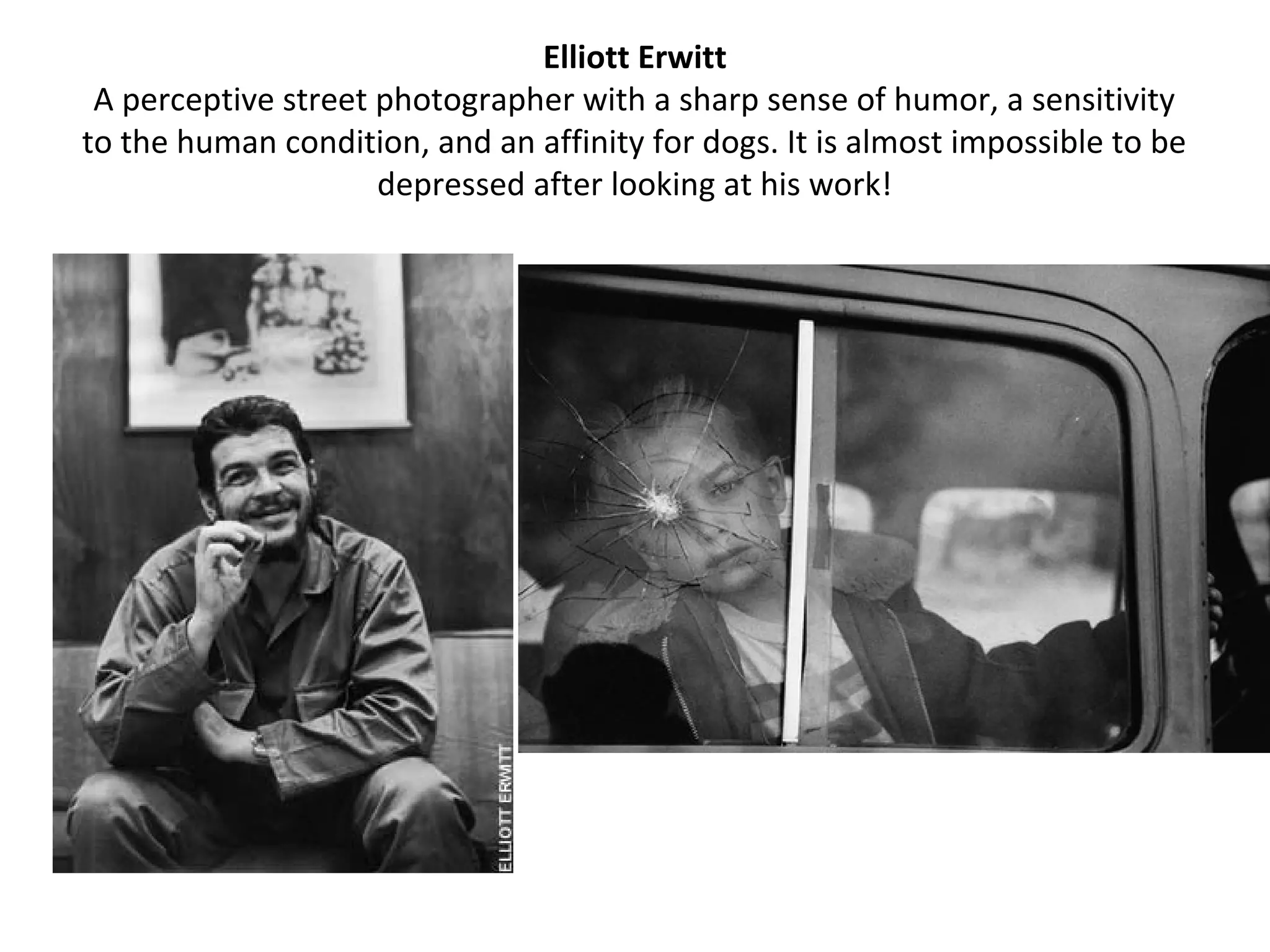 Elliott Erwitt
 A perceptive street photographer with a sharp sense of humor, a sensitivity
to the human condition, and an affinity for dogs. It is almost impossible to be
                     depressed after looking at his work!
 
