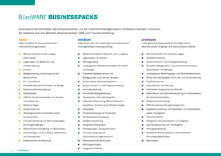 BüroWARE BUSINESSPACKS
Businessframes beinhalten alle Softwaremodule, um die Unternehmensorganisation umfassend abbilden zu können.
Sie bestehen aus den Modulen Warenwirtschaft, CRM und Finanzbuchhaltung.

basic

medium

bietet einen über die notwendigen Grundfunktionen
hinausgehenden Leistungsumfang

umfangreichste Ausbaustufe für die Organisation
kaufmännischer Vorgänge und administrativer Abläufe

■■ Warenwirtschaft mit den nötigen

■■
■■
■■
■■

■■
■■
■■
■■

liefert die Basis für die kaufmännische
Unternehmensorganisation

Stammdaten

■■ Lagerwesen mit Bestands- und
Preisverwaltung

■■ Inventur
■■ Belegerstellung und Verwaltung inkl.
Ein- und Verkauf
Preiskalkulationen für Artikel und Belege
Seriennummernverwaltung
Rabattsystem
CRM für die Kommunikation mit Kunden
und Lieferanten

■■ Wiedervorlagen
■■ Ansprechpartner
■■ Telefongespräche und Notizen sowie
Korrespondenz

■■ Finanzbuchhaltung mit allen notwendigen
Buchungsvorgängen

■■ Offene-Posten-Verwaltung mit Mahnwesen
■■ Auswertungen mit GuV, Bilanz, Saldenlisten
und Kontodrucke

■■ Elektronischer Kontoauszug
4

Lagerwesen mit Inventur
Mehrlagerfähig
Umfangreiche Kalkulationsmodelle für Artikel
und Belege

■■ Erweiterte Belegstrukturen mit

Warenumlauf

■■
■■
■■
■■
■■

Warenwirtschaft mit Warenein- und -ausgang

premium

Beleggruppen und internen Belegen

■■
■■
■■
■■
■■
■■

Verschiedene Stücklistenoptionen
Seriennummern- und Chargenverwaltung
Kommissionierung
Individuelle Belegsteuerung

Gespräche, Termine sowie Wiedervorlagen

■■
■■
■■
■■
■■
■■
■■

Adressakte

Aufgabenverwaltung
Integriertes Mailsystem
Arbeitsgruppen, Gruppentermine
Finanzbuchhaltung mit
Automatikbuchungsfunktionen

■■ Wiederkehrende Buchungen
■■ Buchungsvorlagen
■■ Integrierte Prüfläufe

Seriennummern- und Chargenverwaltung
Komplexe Belegstruktur mit unternehmensinternen
Umfangreiche Berechtigungs- und Sicherheitsoptionen
Aktive Vertriebstätigkeit durch Zeit- und Terminplanung
Projektstrukturen
Kalkulationen und Planung
Individuelle Anpassung von Abläufen
Außendienst- und Vertretersteuerung mit verschiedensten Provisionsmodellen

■■ Wiederkehrende Belege
■■ CRM/Kundenbeziehungsmanagement
■■ Aufgabenverwaltung mit Checklisten und Ablaufplänen

Projektverwaltung mit Projektakte
Korrespondenzverwaltung

Erweiterte Inventur

Warenflüssen und Belegen

■■
■■
■■
■■
■■
■■

Anpassbares Informationssystem
Außendienststeuerung, Besuchsberichte,

Warenwirtschaft mit mehreren Lagern

sowie Teilaufgaben

■■
■■
■■
■■
■■

Task-Flow-Center
Delegieren und Überwachen von Aufgaben
Vertriebssteuerung inkl. Kampagnen
Vertragsverwaltung
Erweiterte OP-Verwaltung mit automatischen
Buchungsmöglichkeiten

■■ Mahnwesen

 