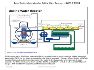 Basic Design Information for Boiling Water Reactors – BWR3 & BWR4




   Source: U.S. NRC - http://www.nrc.gov/reactors/generic-bwr.pdf



A boiling water reactor (BWR) uses steam generated in the reactor to directly supply the turbine, unlike a pressurized
water reactor (PWR) that has steam generators where the steam is generated. There are different designs of BWRs in
operation, however, they all use steam generated in the reactor to directly supply the turbine generator to create
electricity. The BWRs at Fukushima-Daiichi are of the BWR 3 (unit 1), BWR 4 (units 2, 3, 4, & 5), and BWR 5 (unit 6)
designs. BWR 3 and BWR 4 designs have a Mark I containment system.
16/03/2011                                                          OECD Nuclear Energy Agency                           1
 
