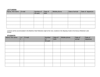 LECTURERS
Name, first name E-mail Number of
ID-card
Date of
birth
Mobile phone Date of arrival Date of departure
Lecturers will be accommodated in the Maritime Hotel Rotterdam (right at the river), students in the Stayokay hostel in the famous Rotterdam cubic
houses
STUDENTS
Name, first name m /
f
E-mail Number
of
ID-card
Date of
birth
Mobile phone Date of
arrival
Date of
departure