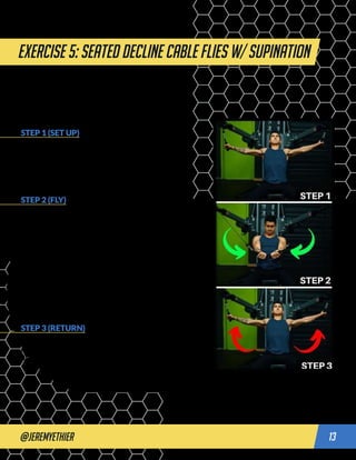@jeremyethier 13
Exercise 5: SEATED DECLINE CABLE FLIES W/ SUPINATION
STEP 1 (SET UP)
Setup a high inclined bench in between a cable system.
Move the handles up such that they are above the level
of your shoulders when you’re seated. Grab the handles,
retract your shoulder blades, and stick your chest up to
prepare for your first rep.
STEP 2 (FLY)
Perform a high to low fly motion by bringing the cables
down and in. As you do so, supinate your wrists by
rotating your palms upwards towards the end of each
rep and focus on driving your elbows in as if you were
trying to touch them together at the end of each rep.
Your shoulder blades should remain retracted back as
you perform the fly and your chest should remain up
and out. Your arms should also remain just slightly bent
during each rep. At the end position, avoid “caving in”
by letting your shoulders round forward especially at the
end position. You should feel a strong contraction in the
lower/outer part of your chest when executed properly.
STEP 3 (RETURN)
Control the cables back to the starting position and
repeat for another rep. Your arms should be slightly bent
throughout each rep.
push workout
 
