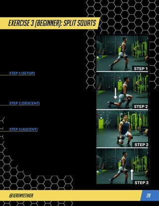 @jeremyethier 28
Exercise 3 (beginner): split squats
STEP 1 (SETUP)
Grab a pair of dumbbells. Take one step forward and
plant your feet here. The farther your step, the more your
glutes will be targeted. The closer your step, the more
your quadriceps will be targeted. Choose what you’d like
to focus on more.
STEP 2 (DESCENT)
Descend by bending your back knee until it almost
touches the ground. Keep your back toes in contact with
the floor just for balance, but keep most of the pressure
in your front foot.
STEP 3 (ASCENT)
Push up by pressing against the floor with your front foot.
Avoid using too much assistance from your back leg/foot.
Keep your spine neutral as you do so (avoid excessively
arching or rounding the lower back).
legs workout
 