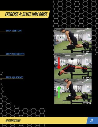 @jeremyethier 30
Exercise 4: GLUTE HAM RAISE
STEP 1 (SETUP)
Set up the foot plate such that your feet can lay
flat and your knees are positioned just behind
the pad when in the starting position. The closer
to the “thigh pad” you adjust the foot plate, the
harder the exercise will be. So if you’re having a
hard time, move the foot plate further away to
lessen the lever during the movement.
STEP 2 (DESCENT)
Brace your core (“tighten” your abs) and slowly
lower your body in a controlled fashion by
contracting your hamstrings and glutes. Your
knees should gradually straighten while keeping
your head, back, and hips inline. Descend either to
parallel to the ground or slightly below (depending
on what you’re capable of).
STEP 3 (ASCENT)
Ascend by contracting contracting your
hamstrings and glutes by bending at the knees
while keeping your upper body in a straight line,
and then repeat for more reps. Your upper body
should move as one unit. Avoid excessive arching
or rounding of the back – a little bit is fine. If
you’re feeling it more in your lower back, then
it’s an indication that your hamstrings/glutes are
weak and you should regress the exercise either
by adjusting the footplate or starting with an
alternative.
legs workout
 