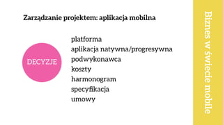 Zarządzanie projektem: aplikacja mobilna
Bizneswświeciemobile
DECYZJE
platforma 
aplikacja natywna/progresywna 
podwykonawca 
koszty 
harmonogram 
specyﬁkacja 
umowy 
 
