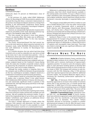 FRIDAY, MAY 21, 2010                                             BIOWORLD® TODAY                                                               PAGE 4 OF 7

Santhera                                                                           Idebenone is undergoing clinical trials in several other
Continued from page 1                                                         indications, data from which should become available in
(US$12.24), down 43 percent on Wednesday’s close of                           the coming weeks and months. First up is a Phase II trial in
CHF24.75.                                                                     Leber’s hereditary optic neuropathy, followed by a Phase II
     In the previous U.S. study, called IONIA (Idebenone                      trial in Melas syndrome. Interim data from a Phase III trial in
effects On Neurological ICARS Assessments), patients who                      Duchenne’s muscular dystrophy is expected before year-
received the drug did show a consistent improvement on                        end.
the primary neurological endpoint, based on a change from                          The company exited 2009 with CHF53.3 million in cash
baseline in the International Cooperative Ataxia Rating                       and is funded beyond 201 1. It has two other clinical-stage
Scale (ICARS), and on a secondary neurological endpoint,                      projects at present. Fipamezole, which is partnered in
the Friedreich’s Ataxia Rating Scale.                                         North America with Mississauga, Ontario-based Biovail
     However, an unexpectedly high placebo response elim-                     Corp., will shortly enter a Phase III trial for treatment of
inated any possibility of the study attaining statistical sig-                dyskinesia associated with levodopa therapy in Parkinson’s
nificance. (See BioWorld Today, May 20, 2009.)                                disease. Omigapil will shortly enter a Phase II/III trial in con-
     This time around, the picture is even more gloomy.                       genital muscular dystrophy.
“There’s no placebo effect. We simply saw no difference,”                          Santhera’s Phase III miss is the second major clinical
Schollmeier told BioWorld Today. “In this trial, basically                    disappointment for Europe’s drug developers this month.
everything was flat.”                                                         Newron Pharmaceuticals SpA, of Milan, Italy, previously
     The Liestal, Switzerland-based firm had several rea-                     reported the failure of ralfinamide in a Phase IIb/III trial in
sons to be more optimistic about a positive outcome to its                    41 1 patients with neuropathic lower back pain. That drug
European study, called MICONOS (Mitochondrial Protec-                         also failed to demonstrate any significant difference with
tion with Idebenone In Cardiac Or Neurological Out-                           respect to placebo. ■
come Study).
     At 12 months duration, the trial, which had three drug
treatment arms as well as a placebo arm, was twice as long
as the Ionia trial. It also recruited more patients – 232 vs.
                                                                               O     T H E R            N    E W S          T    O         N   O T E
70. Moreover, those who were included were older and had
more severe disease than those in the U.S. study.                                  • NicOx SA, of Sophia Antipolis, France, said that it has
     As well as the ICARS-based primary endpoint and a sec-                   decided to delay initiation of an in-house Phase II study of
ondary endpoint based on the Friedreich’s Ataxia Rating                       NCX 6560, until it receives clarification of naproxcinod’s
Scale, the study also included a responder analysis, based                    regulatory position. To conserve cash, the company said it
on measuring the proportion of patients improving their                       plans to seek alternative funding options to develop NCX
ICARS scores, and a set of cardiac endpoints.                                 6560, which achieved positive results in a first-in-man clin-
     Although the cardiac analysis is ongoing, there was,                     ical study in 2009. The company will continue to seek dis-
the company said, no difference between drug and placebo                      cussions with the FDA, following a May 12 FDA advisory
on the key cardiological secondary endpoint, based on a                       panel that rejected naproxcinod and called for additional
combination of anatomical and functional parameters.                          outcome studies. The European Medicines Agency also is
     A meta-analysis, based on using data from both Phase                     reviewing the marketing authorization application for
III studies, plus a previous Phase II trial called Nicosia                    naproxcinod.
(NIH Collaboration With Santhera In Ataxia), did show posi-                        • QLT Inc., of Vancouver, British Columbia, said its
tive and statistically significant trends in patients in the                  board has approved an increase in the number of common
combined mid- and high-dose group and those in the high-                      shares that it may purchase over a 12-month period that
dose group only.                                                              began Nov. 3, 2009, from 2,731 ,534 common shares, rep-
     However, the outcome is confusing, particularly when                     resenting 5 percent of the outstanding shares to 4,700,060
a Phase II trial delivered a positive result.                                 shares, or 10 percent of the public float. The price will be
     The company has one final shot at getting more clarity.                  the market price of the shares at the time of acquisition.
Data from extension studies will become available over the                         • Quintiles Transnational Corp., of Research Trian-
summer. “We will complete the extension studies. To get a                     gle Park, N.C., and Nycomed GmbH, of Zurich, Switzer-
hold of the longitudinal data of up to three years might be                   land, have entered an agreement under which the privately
helpful,” Schollmeier said. However, an additional clinical                   held Swiss firm has transferred a UK-based Healthcare
trial “is not an option,” he said.                                            Solutions Team to Quintiles. The transfer follows
     The drug is already approved in Canada, where the                        Nycomed’s decision to out-license a product to another
response from patients and physicians has been “over-                         pharmaceutical company in the UK. After the team’s trans-
whelmingly positive,” he said. It is also available in a small                fer to Quintiles, it was contracted back to Nycomed to com-
number of European countries on a named-patient basis.                        plete the work.

               To subscribe, please call BIOWORLD® Customer Service at (800) 888-3912; outside the U.S. and Canada, call (404) 262-5547.
                     Copyright © 2010 AHC Media LLC. Reproduction is strictly prohibited. Visit our web site at www.bioworld.com
 