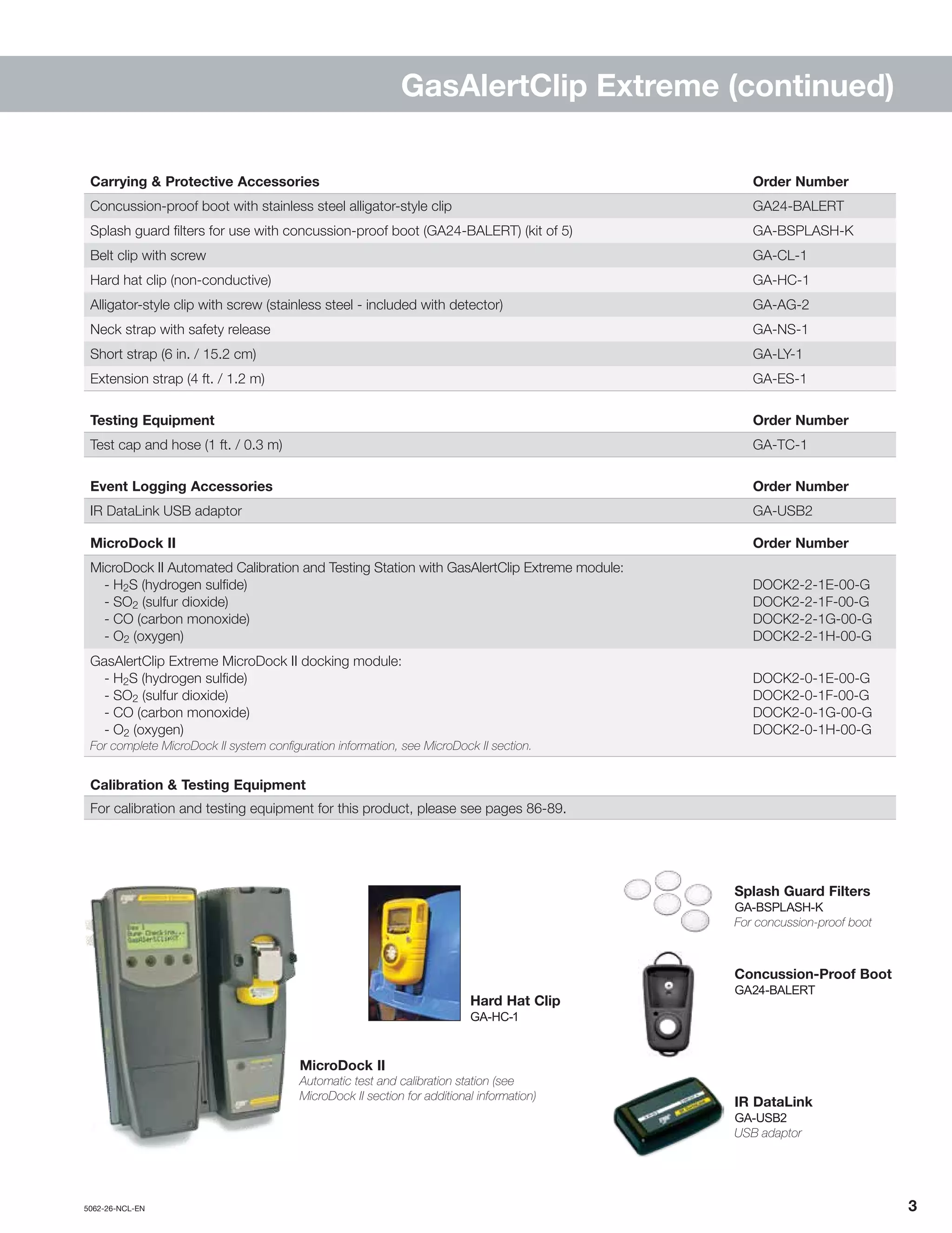 5062-26-NCL-EN	 	3
GasAlertClip Extreme (continued)
Concussion-Proof Boot
GA24-BALERT
Splash Guard Filters
GA-BSPLASH-K
For concussion-proof boot
IR DataLink
GA-USB2
USB adaptor
MicroDock II
Automatic test and calibration station (see
MicroDock II section for additional information)
Hard Hat Clip
GA-HC-1
Carrying & Protective Accessories Order Number
Concussion-proof boot with stainless steel alligator-style clip GA24-BALERT
Splash guard filters for use with concussion-proof boot (GA24-BALERT) (kit of 5) GA-BSPLASH-K
Belt clip with screw GA-CL-1
Hard hat clip (non-conductive) GA-HC-1
Alligator-style clip with screw (stainless steel - included with detector) GA-AG-2
Neck strap with safety release GA-NS-1
Short strap (6 in. / 15.2 cm) GA-LY-1
Extension strap (4 ft. / 1.2 m) GA-ES-1
Testing Equipment Order Number
Test cap and hose (1 ft. / 0.3 m) GA-TC-1
Event Logging Accessories Order Number
IR DataLink USB adaptor GA-USB2
MicroDock II Order Number
MicroDock II Automated Calibration and Testing Station with GasAlertClip Extreme module:
	 - H2S (hydrogen sulfide)
	 - SO2 (sulfur dioxide)
	 - CO (carbon monoxide)
	 - O2 (oxygen)
DOCK2-2-1E-00-G
DOCK2-2-1F-00-G
DOCK2-2-1G-00-G
DOCK2-2-1H-00-G
GasAlertClip Extreme MicroDock II docking module:
	 - H2S (hydrogen sulfide)
	 - SO2 (sulfur dioxide)
	 - CO (carbon monoxide)
	 - O2 (oxygen)
For complete MicroDock II system configuration information, see MicroDock II section.
DOCK2-0-1E-00-G
DOCK2-0-1F-00-G
DOCK2-0-1G-00-G
DOCK2-0-1H-00-G
Calibration & Testing Equipment
For calibration and testing equipment for this product, please see pages 86-89.
 