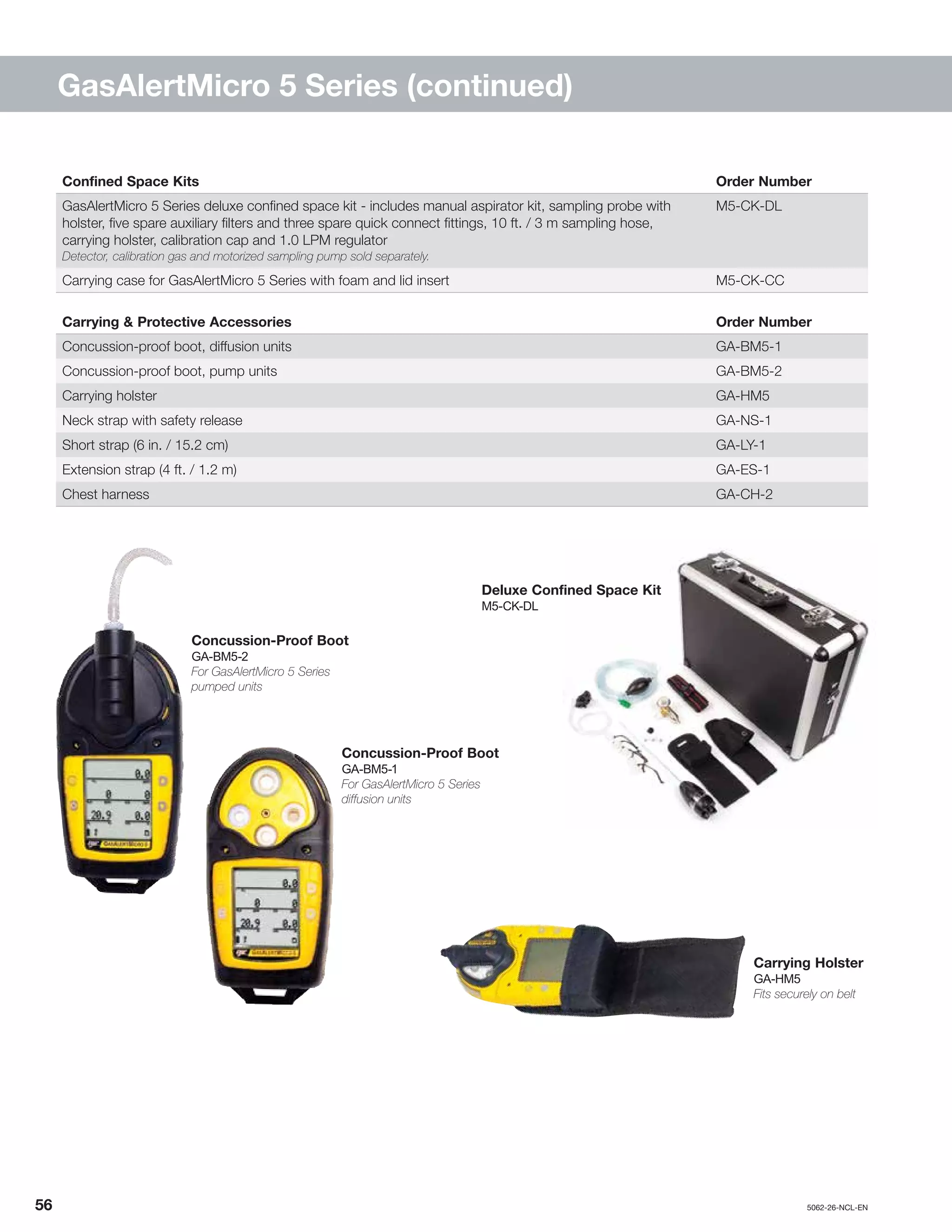 56		5062-26-NCL-EN
GasAlertMicro 5 Series (continued)
Deluxe Confined Space Kit
M5-CK-DL
Concussion-Proof Boot
GA-BM5-2
For GasAlertMicro 5 Series
pumped units
Carrying Holster
GA-HM5
Fits securely on belt
Confined Space Kits Order Number
GasAlertMicro 5 Series deluxe confined space kit - includes manual aspirator kit, sampling probe with
holster, five spare auxiliary filters and three spare quick connect fittings, 10 ft. / 3 m sampling hose,
carrying holster, calibration cap and 1.0 LPM regulator
Detector, calibration gas and motorized sampling pump sold separately.
M5-CK-DL
Carrying case for GasAlertMicro 5 Series with foam and lid insert M5-CK-CC
Carrying & Protective Accessories Order Number
Concussion-proof boot, diffusion units GA-BM5-1
Concussion-proof boot, pump units GA-BM5-2
Carrying holster GA-HM5
Neck strap with safety release GA-NS-1
Short strap (6 in. / 15.2 cm) GA-LY-1
Extension strap (4 ft. / 1.2 m) GA-ES-1
Chest harness GA-CH-2
Concussion-Proof Boot
GA-BM5-1
For GasAlertMicro 5 Series
diffusion units
 